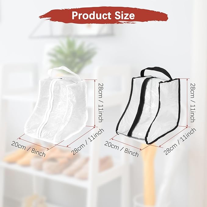 Boot Storage Bags [2PCS] - Plastic Short Boot Carry Bags Clear Shoe Bags with Handle for Travel & Daily Use - [White, Black] Waterproof & DustProof Boot Bags for Cowboy Boots