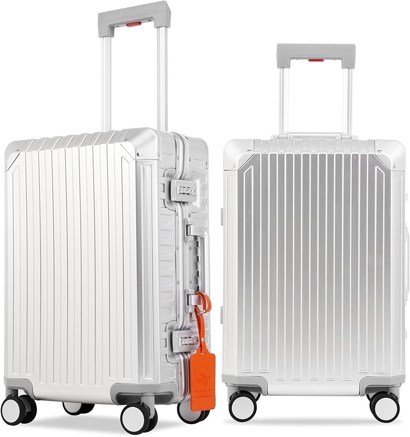 Mvst Luggage Premium All Aluminum Magnesium Carry On 20'' Lightweight Metal,Suitcase with Spinner Wheels Built-in Toiletry Set, Luggage Protector（silvery） (Silver, 20inch)