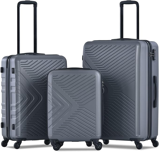 Campfun 3 Piece Luggage Sets, Hardshell ABS Luggage with TSA Lock, Carry On Suitcase Sets Lightweight Durable with 2 Hooks & Spinner Wheels, 20in/24in/28in - Grey(C)