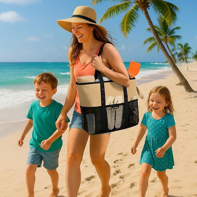 Beach Bag with Zipper - 8 Pockets Sandproof Beach Tote Bag for Women,Foldable Lightweight Family Swim Bag Vacation