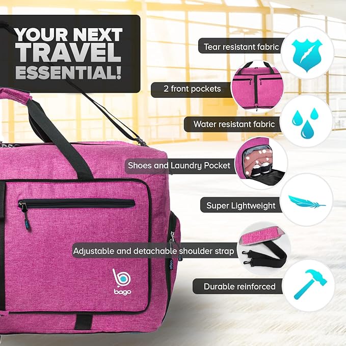 Bago Large Foldable Duffel Bags for Traveling Women & Men - 80L Packable Duffle Bag for Travel with Shoe Compartment - Water Repellant, Heavy Duty, Lightweight Folding & Collapsible (SnowPink)