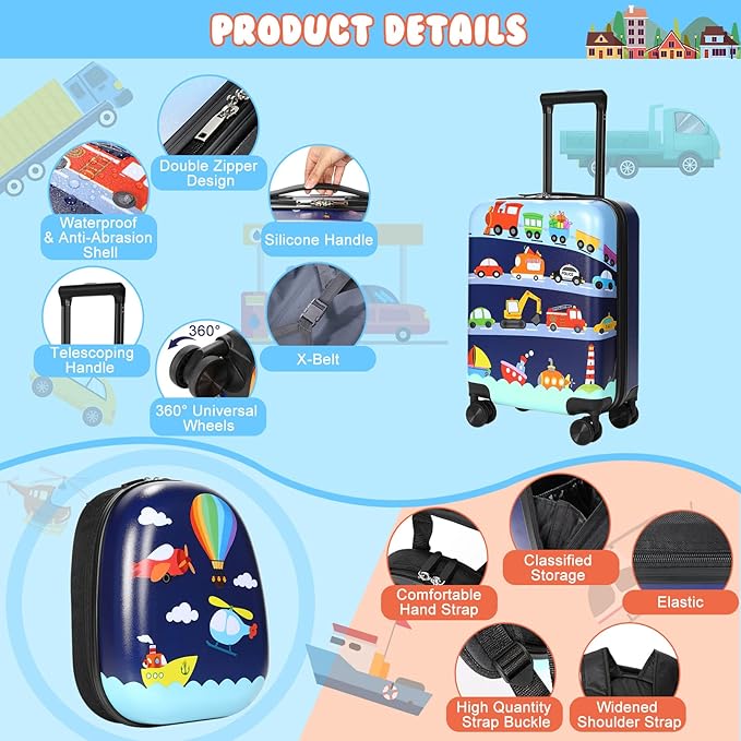 Weewooday Kids Luggage and Backpack 18" Suitcase with Spinner Wheel Hard Case Travel 13" Backpack Girl Suitcase Set for Kids Travel Supplies(Assorted Colors,Vehicle Style)