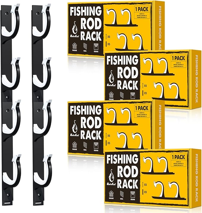QudraKast Horizontal Fishing Rod Holder for Garage Wall Ceiling Mount - Fishing Pole Holders Fishing Rod Rack Holds Up to 8 Rods or Combos, Ideal Fishing Gift (4Pack)