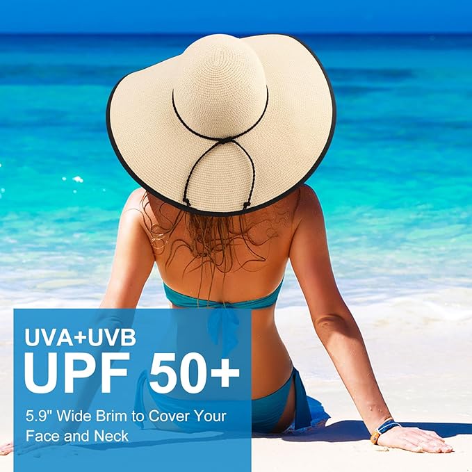 DRESHOW Beach Hats for Women Big Straw Wide Brim Summer Hat Floppy Foldable Roll up Cap Sun Hat UPF 50+