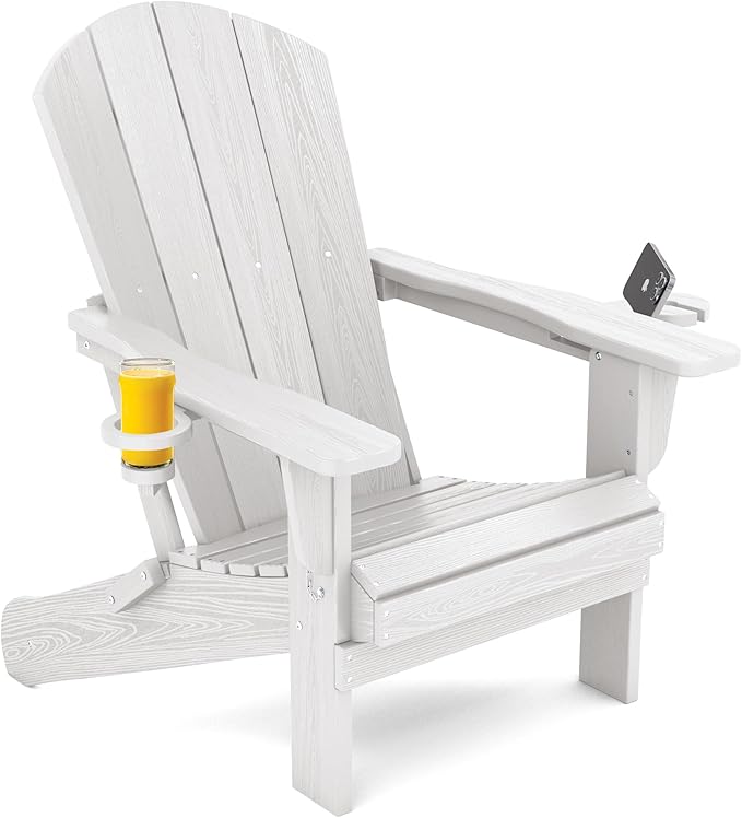 SERWALL Adirondack Chair with Cup Holders - Composite Adirondack Chairs HDPE Outdoor Chairs All Weather Use- White