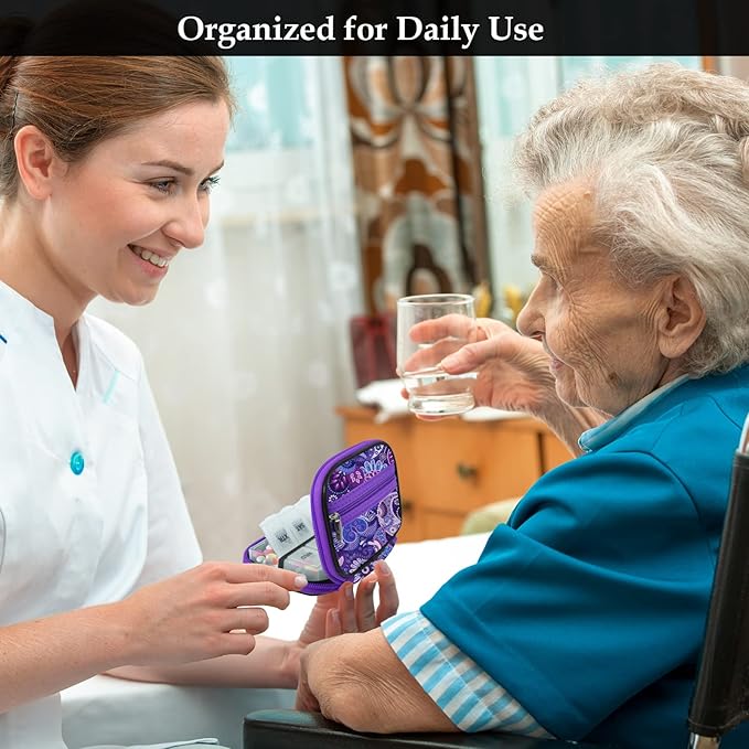 Serfeymi Weekly Travel Pill Organizer Pill Case for Purse with Removable 7 Day Pill Box, Fashionable Travel Medicine Organizer Pill Container for Medicine, Vitamin, Supplement - Bloom 01 + Purple 01