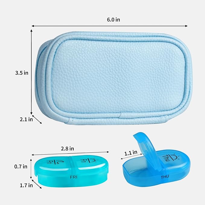 Serfeymi Weekly Travel Pill Organizer 2 Times A Day AM PM Upgraded Rainbow Pill Box 7 Day with Portable Zipper PU Leather Pill Case, Medicine Organizer for Pills, Vitamins, Fish Oils - Blue 01