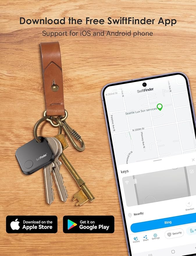 Keys and Phone Finder, Bluetooth Tracker Locator for Keys, Bags, Wallets and More, Up to 300 ft Range, Replaceable Battery, Water-Resistant, iOS and Android Compatible, 4 Pack