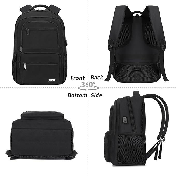 Black Backpack for Men Women, 15.6 inch Laptop Backpack for School, School Backpack for Boys Girls Teens, College Book Bag with USB Port, Water Resistant Bookbag, Business Work Travel