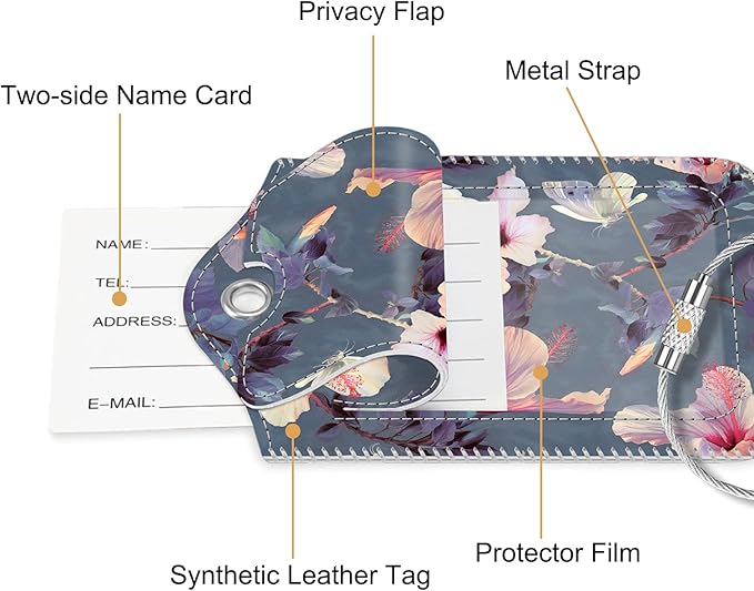 Fintie Luggage Tags, Privacy Cover ID Label with Stainless Steel Loop and Address Card for Travel Bag Suitcase - Blooming Hibiscus (2 Piece)