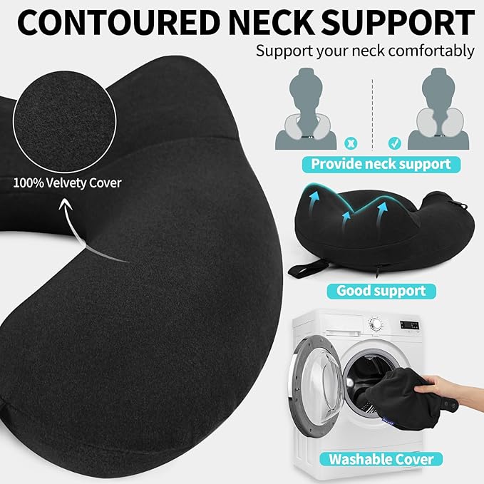 Inflatable Travel Neck Pillow for Airplane, Head Support Velvet Adult Neck Pillow for Long Flight, Kit with Eye Mask, Earplugs and Storage Bag,1, Black