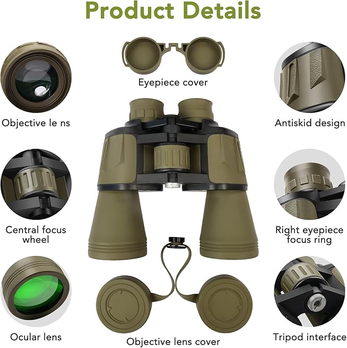 20x50 Binoculars for Adults High Powered, Military Compact HD Waterproof Binoculars with Low Light Vision for Bird Watching Travel Hunting Football Games Stargazing with Carrying Case and Strap(Mud)