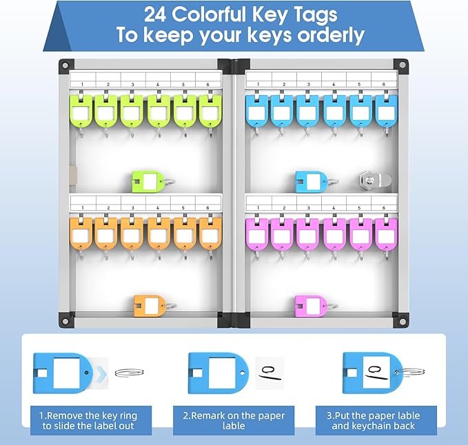 24 Slots Lock Box for Keys Wall Mount, Locking Key Cabinet, Key Storage Box with Key Hooks & Tags & Lables, 8.45" x 2.55" x 13" (Black-Key Lock, 24 Keys)