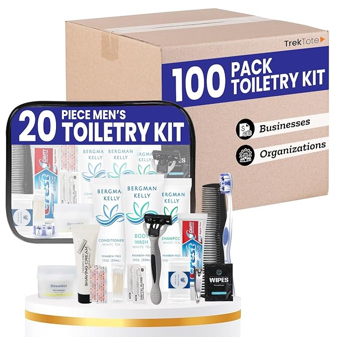 Trektote Bulk Hygiene Kit For Men And Women – (100 Pack) 20 Piece Set Of Travel Size Toiletries, TSA Compliant, Bulk Travel Essentials, Includes Shampoo And Conditioner, Body Wash, Toiletry Bag & More