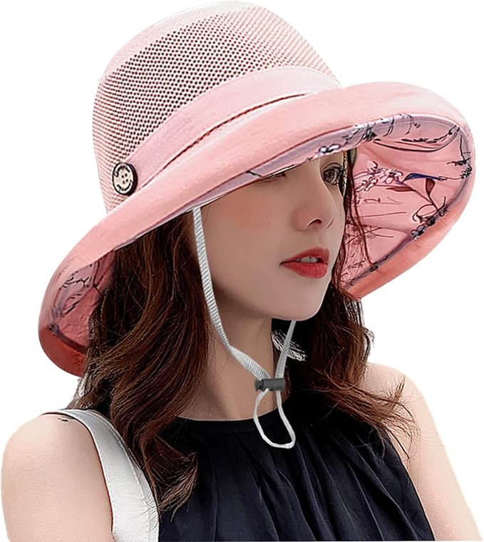 Women Wide Brim Sun Hats Metal Wired Edge Summer UV Protection Beach Fishing Hat for Hiking Garden Travel Chin Strap