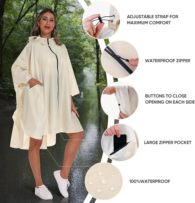 PTEROMY Hooded Rain Poncho for Adult with Pocket and Zipper, Waterproof Lightweight Raincoat for Men and Women