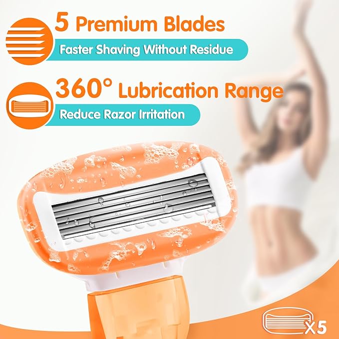 DreamGenius Travel Razors for Women Include 1 Handle and 5 Cartridges, Extra Smooth 5-Blade Travel Essentials Razor with Case for Shaving, Orange