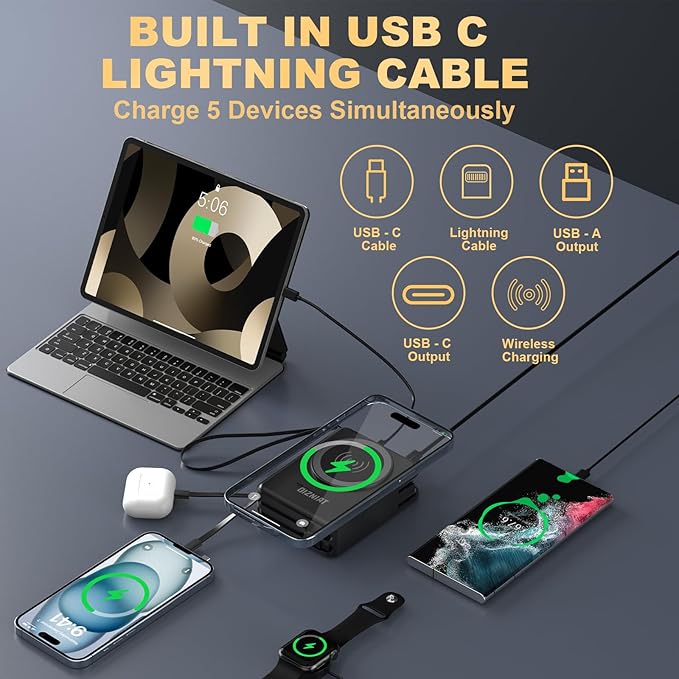10000mAh Portable Charger Power Bank for magsafe, 22.5W Fast Charging Wall Plug Power Bank for iPhone Andriod Sumsung 5 in 1 Travel Wireless Charger Built in USB C Lightning Cables-B