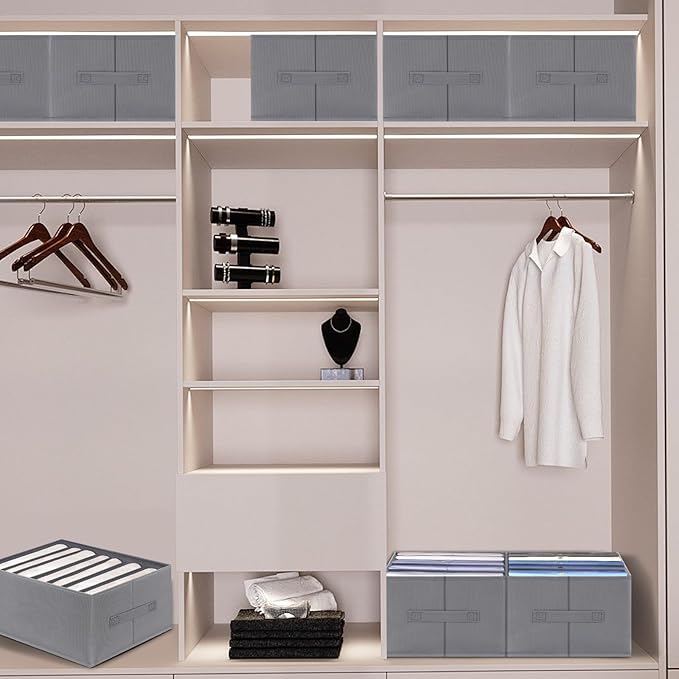 Jeans Organizer for Closet, Foldable Wardrobe Clothes Organizer with Handle, Stackable Closet Clothes Drawer Organizer Tshirts with 7 Grids for Leggings, Sweater, Jean, Pants, Grey (3 PCAK)