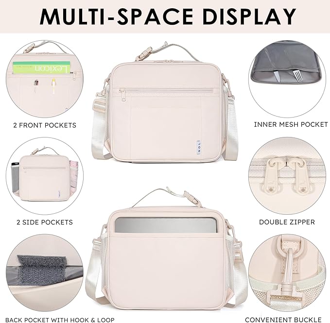 NOL Kids Lunch Bag - Kids 3+ Reusable Insulated Lunch Box with Zipper Closure Buckle Handle Adjustable Long Shoulder Strap, Easy-Clean Waterproof Fabric, Children Lunch Tote Bag for School -Cream