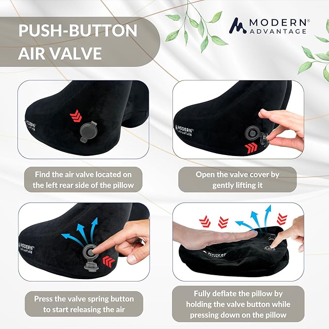 Modern Advantage Inflatable Travel Pillow for Airplanes – Hooded Neck Pillow with Adjustable Support – Comfortable, Compact & Travel-Friendly – Perfect for Sleeping on Long Flights (Black)