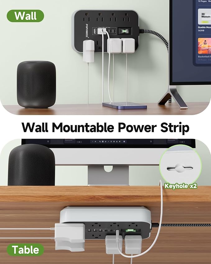 Appliance Power Strip- 14 Guage Heavy Duty Extension Cord, 24in, 8 AC Outlet& 6 USB Ports 4.8A USB Charging Station, 1080J, High Wattage for Microwave, Conditioner, Kitchen, Garage Essentials.