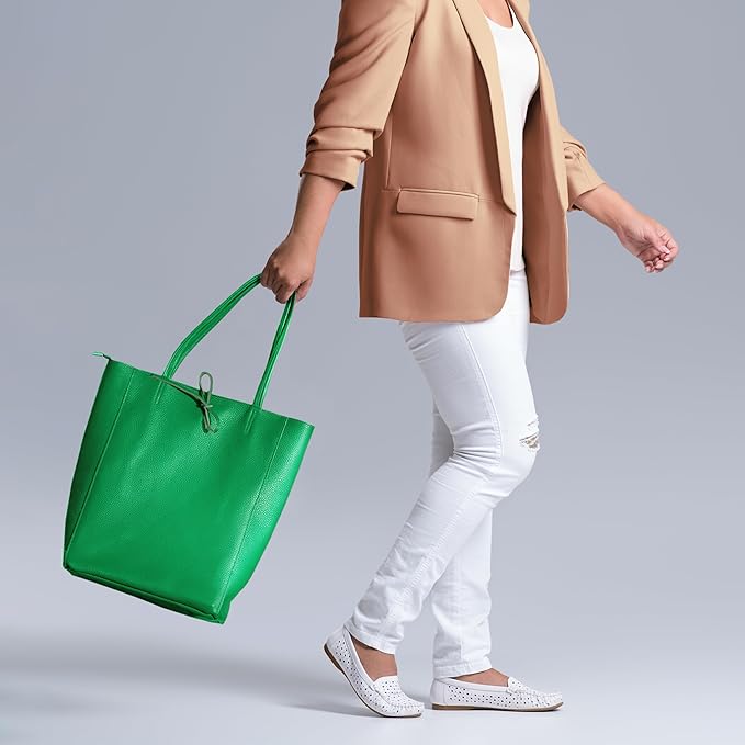 Italian Calf Leather Tote for Women with Zipper, Inner Pocket & Flat Base | Soft Unlined Shopper for Work & Travel