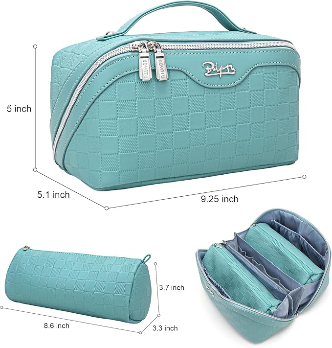 BOYATU Travel Makeup Bag Organizer Cosmetic Bag: 3 Pcs Set Make up Bags for Women with Handle - Waterproof Vegan Leather Toiletry Bags with Comparments (C-03-Blue)