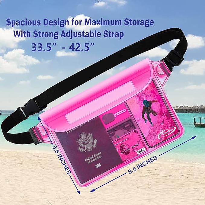 AiRunTech Waterproof Pouch with Waist Strap (2 Pack) | Beach Accessories Best Way to Keep Your Phone and Valuables Safe and Dry | Perfect for Boating Swimming Snorkeling Kayaking Beach Pool Water Park