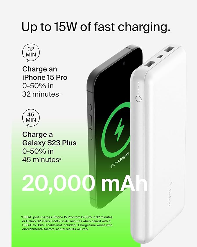 Belkin Portable Charger, USB C Power Bank 20000 mAh w/ 1xUSB-C Port & 2xUSB-A Ports, 15W w/Type-C to Type-A Cable - iPhone 16, Samsung Galaxy S25, Nintendo Switch 2, Google Pixel 10, etc. - White