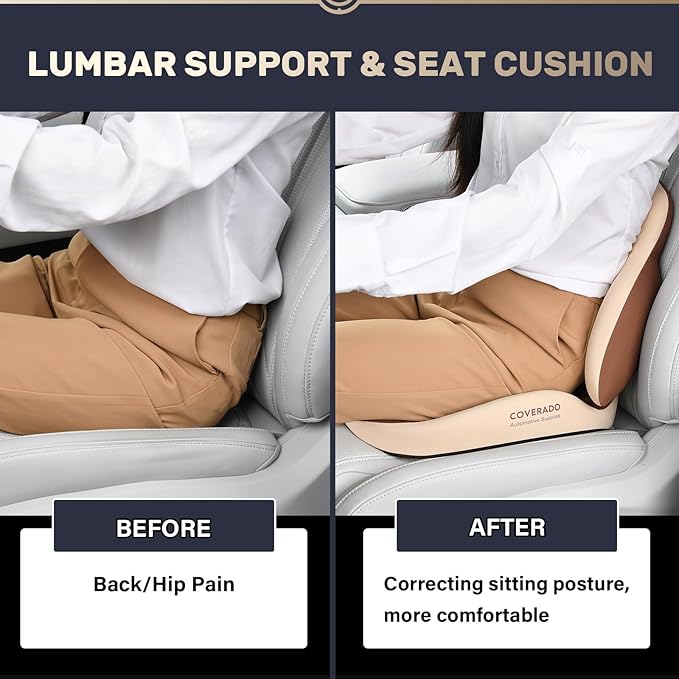 Coverado Car Seat Cushion and Lumbar Support Pillow, Memory Foam Ergonomic Back Support Driving Seat Cushion for Sciatica, Tailbone, Back Pain, Non-Slip Washable Cushion for Car, Driver, Office