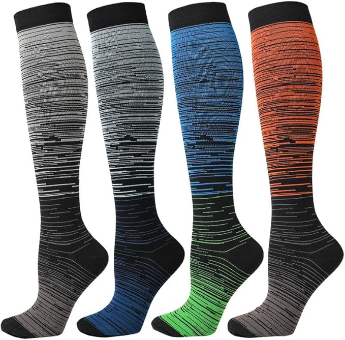 Kickticks 4 Pairs Compression Socks for Woman & Man Unisex 20-30mmHg Knee high Plus Size Wide Calves for Flying Running…