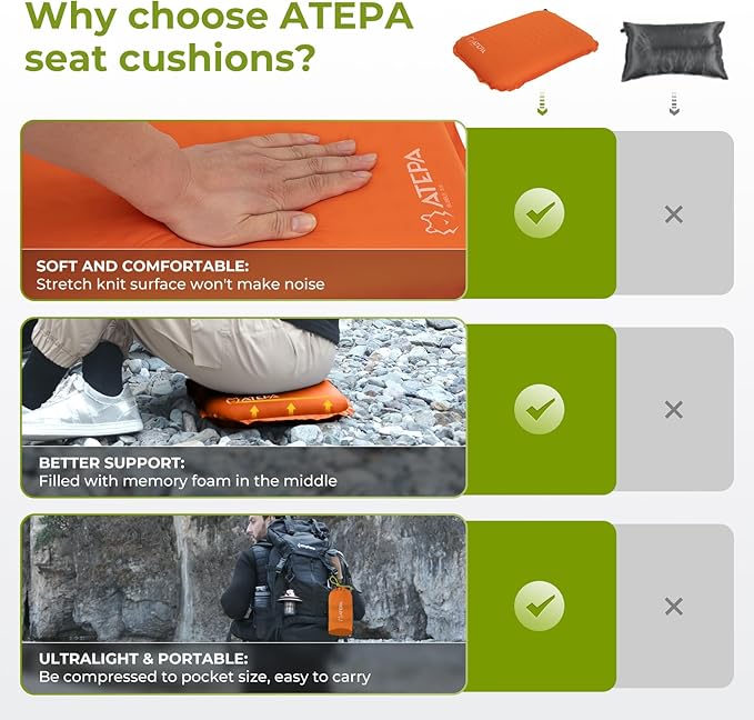 ATEPA Inflatable Stadium Seat Cushion, Self-Inflating Memory Foam Stadium Seats Bleacher Seat Chair Cushion Pad for Airplane Travel Backpacking Sports Events