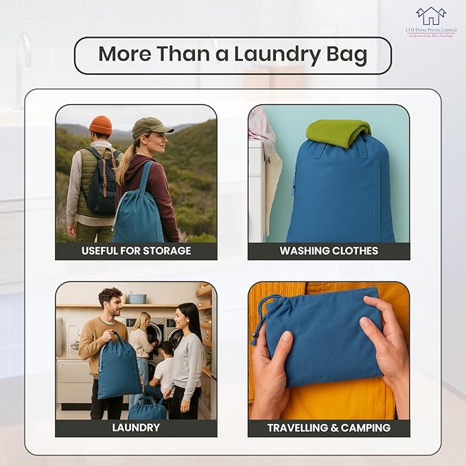 LFH Home Cotton Canvas Large Laundry Bag with Handle, Heavy Duty Drawstring Closure Washable Laundry Bags, School Travel, Home, Hotel, College Dorm, Organizer Sack, Toys Clothes 28x40-Sky Blue