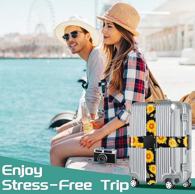 Slohif Luggage Straps for Suitcases Travel Belt Accessories Luggage Connector Identifiers Over Handle with Buckle Unique Nylon Adjustable Strap for Sleeping Bag Car Seat Sunflower(2 Pack)