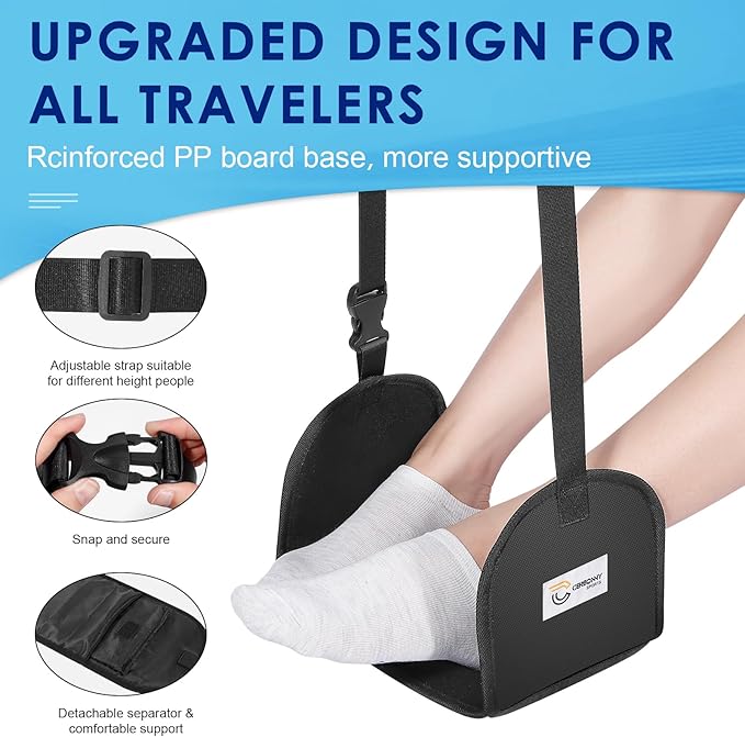 CERBONNY Airplane Foot Rest - Portable and Adjustable Foot Hammock, Travel Flight Essential for Relaxing Your Feet During Journeys - Office Footrests (Black)