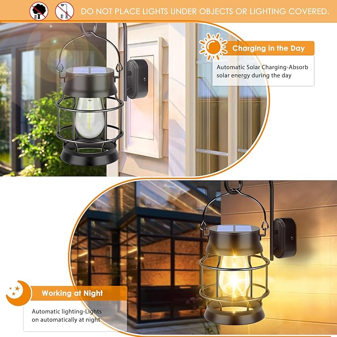 UBright 2 Pack Solar Lantern Lights Outdoor Waterproof Metal Hanging Solar Lights for Outside Retro Design with Edison Bulb Outdoor Lanterns Decorative for Patio Porch Garden Lawn