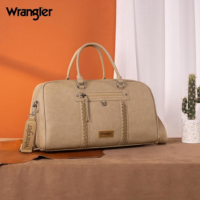 Wrangler Travel Duffel Bag Large Weekender Bag for Women Designer Carry on Overnight Bag for Trips Leather Luggage Bag Khaki