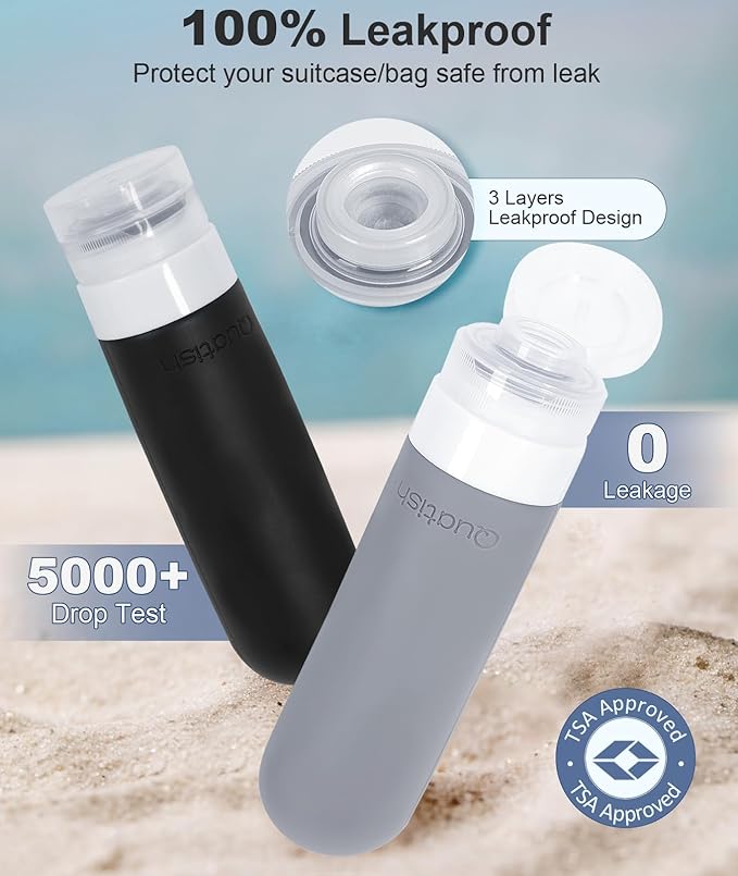 Quatish Travel Bottles for Toiletries, Original Patented Leak Proof Travel Size Toiletries, 3 oz Tsa Approved Silicone Shampoo and Conditioner Bottles, Travel Essentials, 4 Pack, Grey