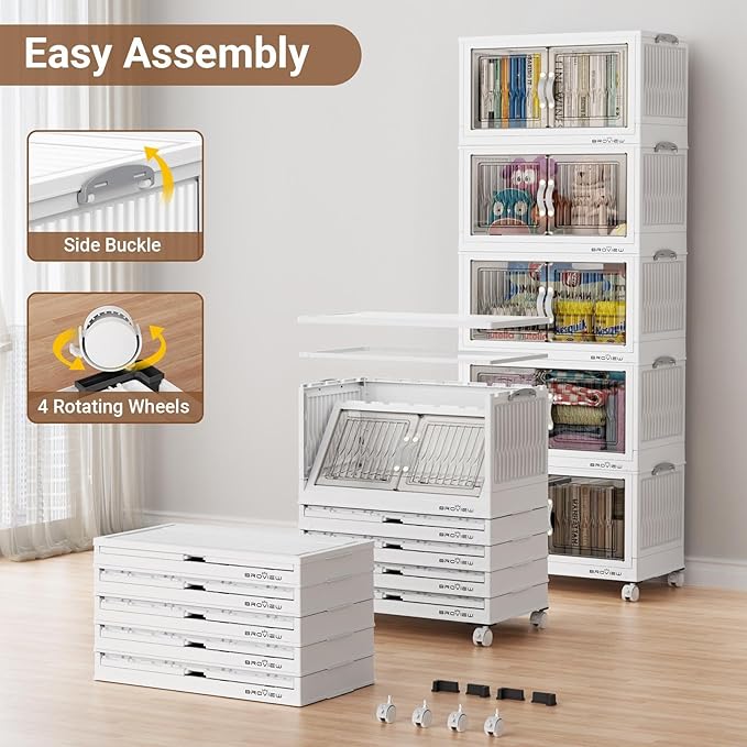 BROVIEW 180Qt Stackable Storage Bins with Lid, Extra Large Closet Organizer Collapsible Drawer Boxes with Wheels, Folding Plastic Cabinet Containers for Home Kitchen Room Organization, 3Pack White
