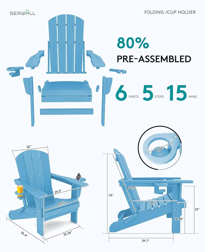 SERWALL Adirondack Chair with Cup Holders - Composite Adirondack Chairs HDPE Outdoor Chairs All Weather Use- Light Blue