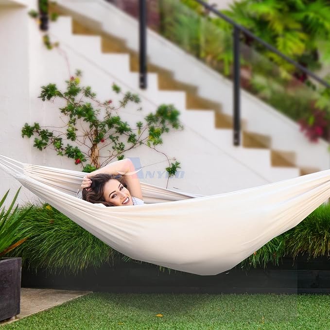 ANYOO Cotton Hammock Portable Camping Hammocks for Hanging Sturdy Garden Comfortable Fabric Hammock with Tree Straps Up to 660lbs with Travel Bag for Camping Outdoor/Indoor Patio Backyard