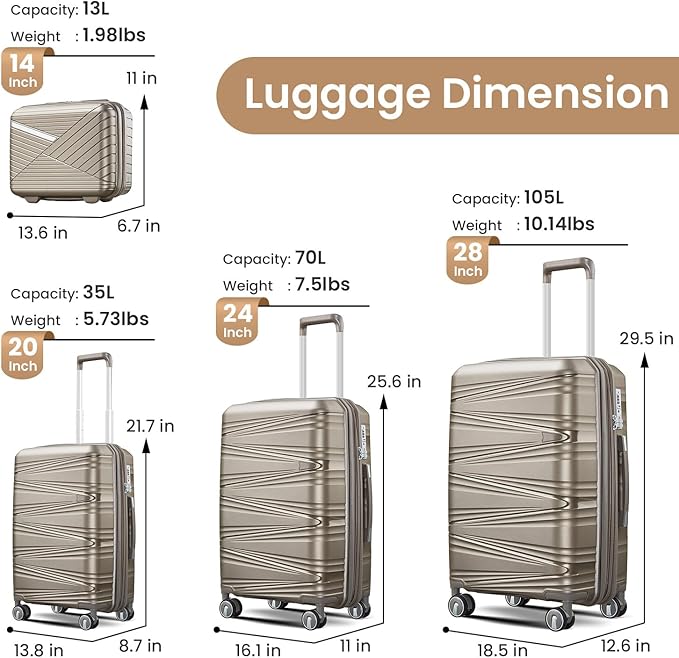 Campfun Luggage 4 Piece Sets, Expandable Carry On Luggage Set Hardshell PP, Suitcase Set with Double Spinner Wheels, Checked Durable Lightweight with TSA Lock, 14in 20in 24in 28in-Champagne(C)