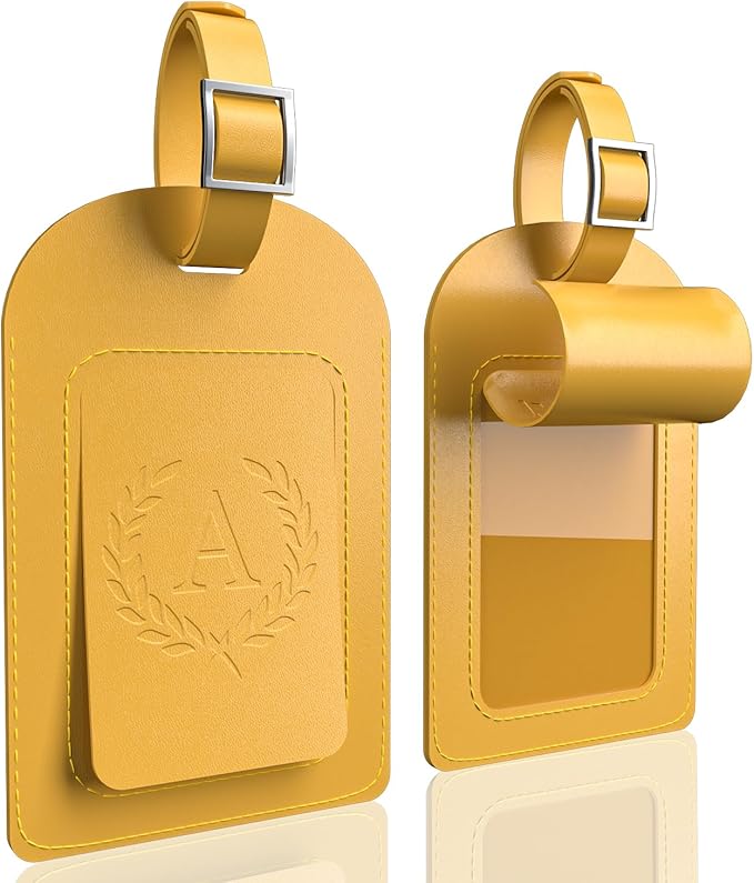 FESAS 3 Pack A-Z Alphabet Luggage Tags - Faux Leather Suitcase Tags with Privacy Cover & Replaceable Card - Initial Letter Monogram for Bags (Yellow)