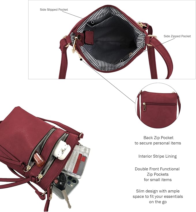 DELUXITY | Crossbody Purse Bag | Functional Multi Pocket Double Zipper Purse | Adjustable Strap | Small Size Purse |Wine