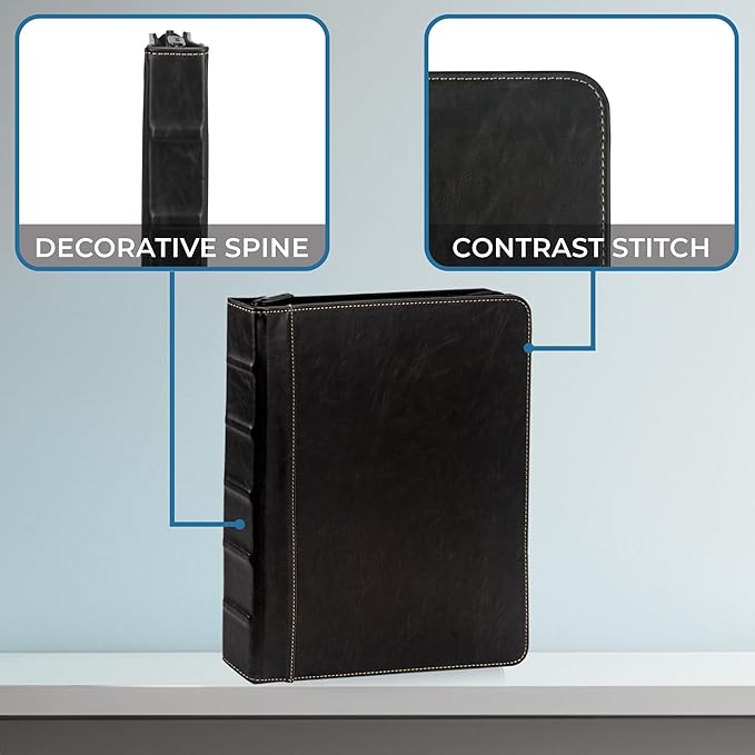 Samsill Vintage Leather Mini 3 Ring Zipper Binder, 1 Inch Round Ring Capacity (Holds 200 Sheets), 5.5 x 8.5 Inch Documents, Notebook Organizer, Planner, Black with Contrast Stitching