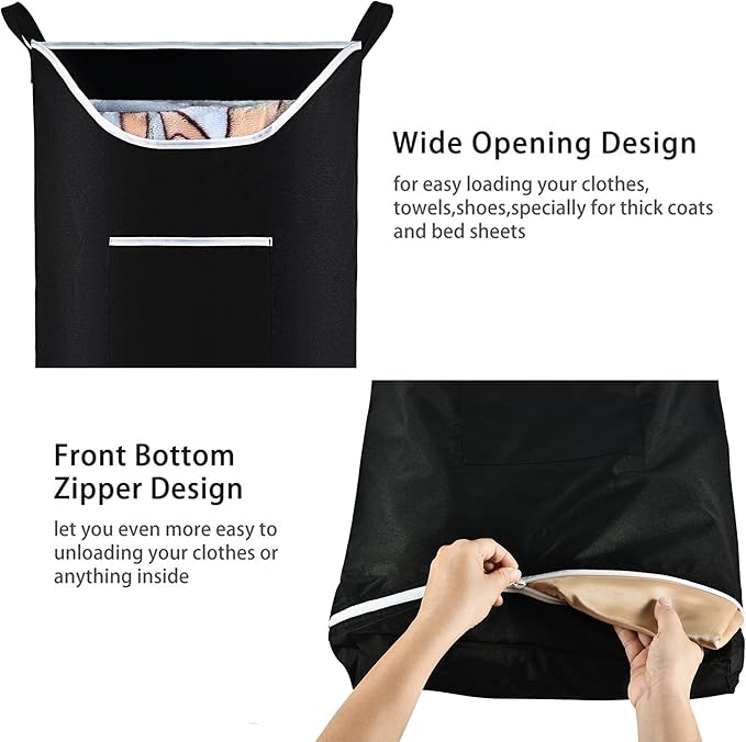 Hanging Laundry Hamper Bag Behind Door Hampers for Laundry Hanging Save Space Zipper Laundry Hamper Door Hanging with 2 PCs Stainless Steel Hooks Suction Hooks for Wall/Bathroom (Black-2Pack)
