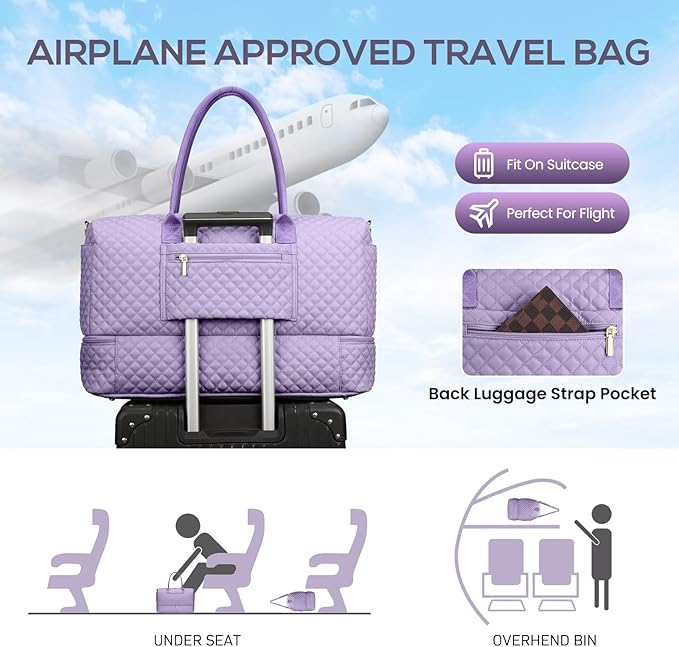 Travel Bag Weekender Bags for Women - Carry on Overnight Bag with Shoe Compartment Duffle Bag with Laptop Pocket Light Purple