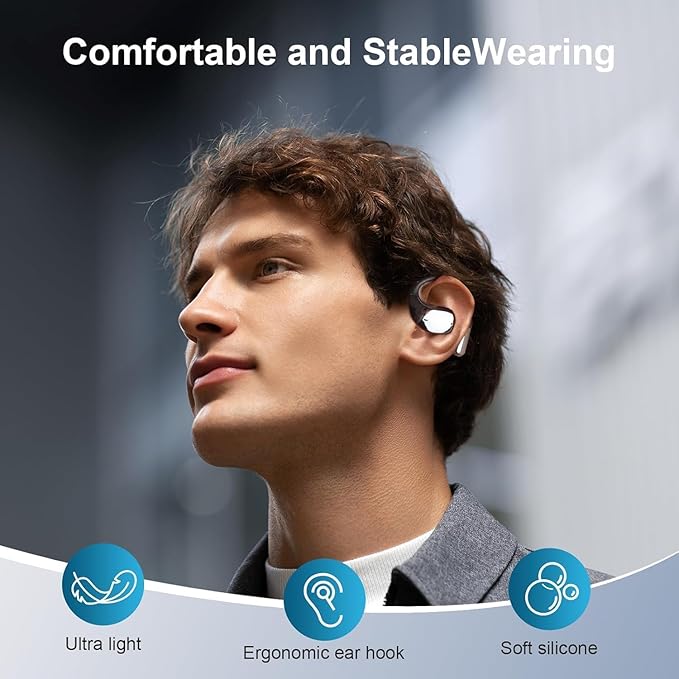 Ultra Ergonomic Open Ear Earbuds, Bone Conduction Over The Bluetooth Headphones Built-in Mic, Waterproof Design, LED Digital Display, Touch Control Operate, Fit Cycling Running Workout Sport, Black