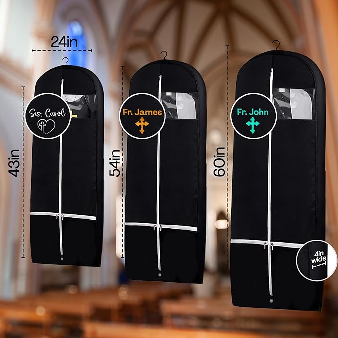 Personalized Garment bag for Hanging Clothes - Embroidered Name Garment Holder With 2 Mesh Pockets for Priest and Nun Robes - Ideal for Clergy Outfits, Uniform Cover Bag with Carry Handle - Black